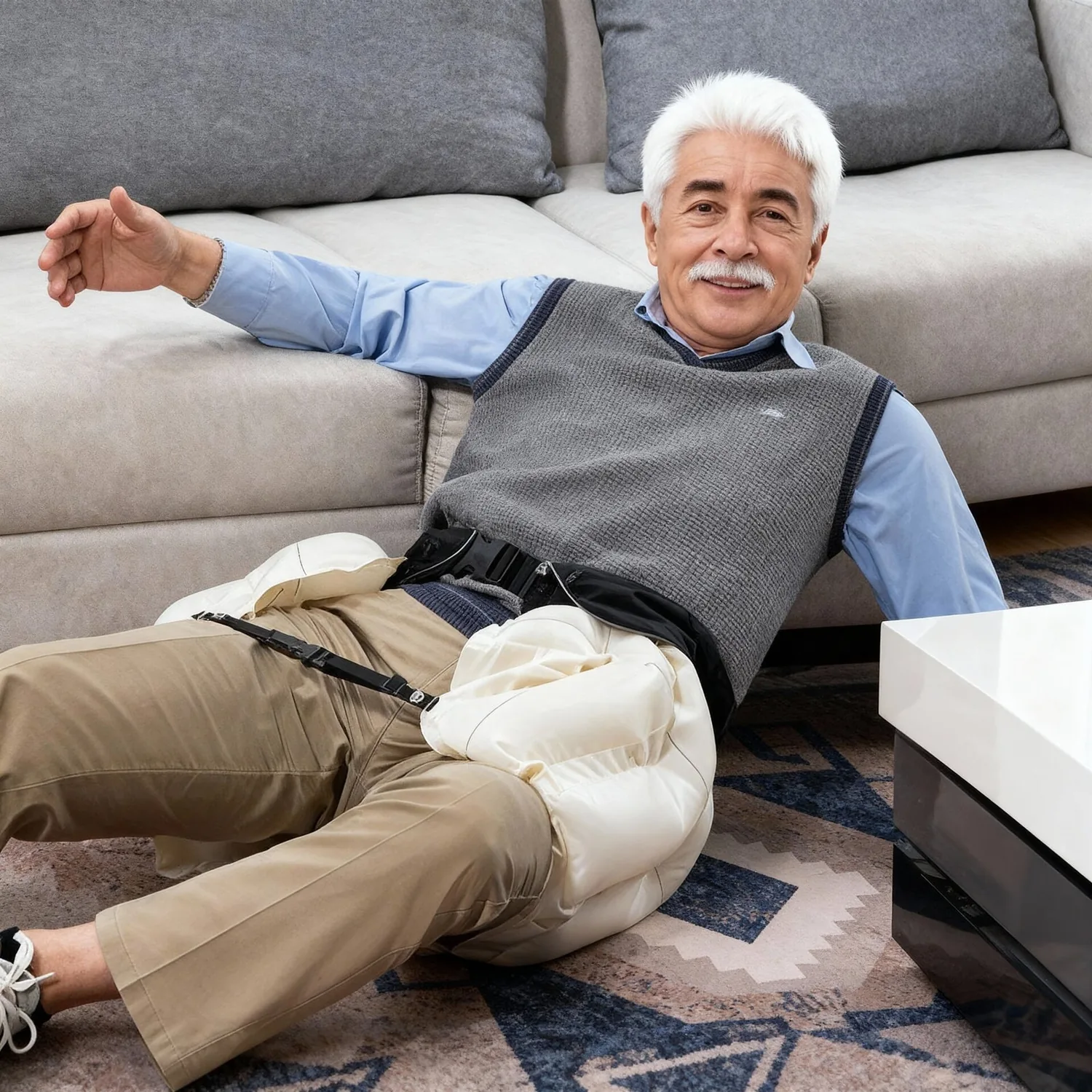 Senior man on the floor with the deployed hip protection airbag