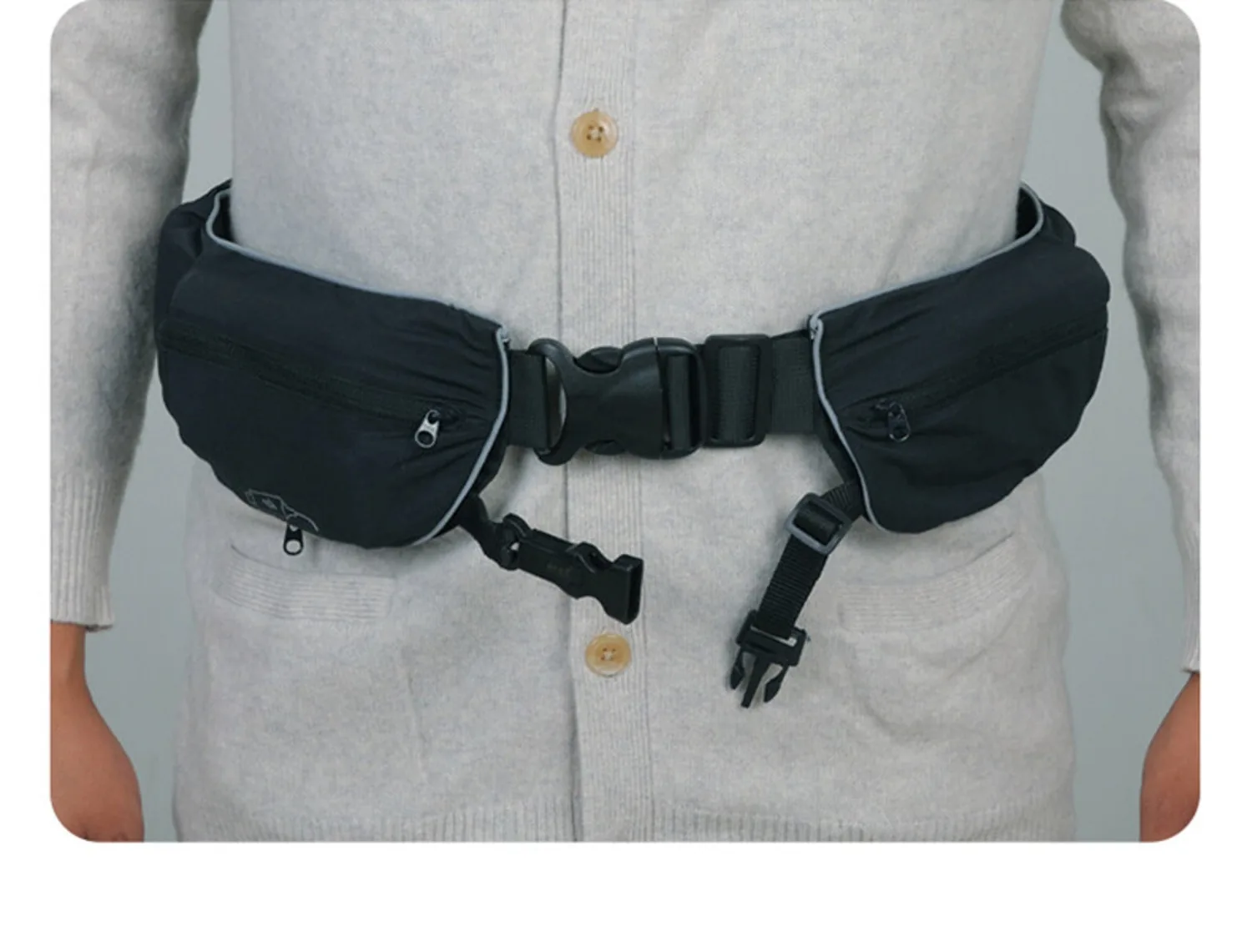 The Fall Safe hip protection belt worn over a cardigan
